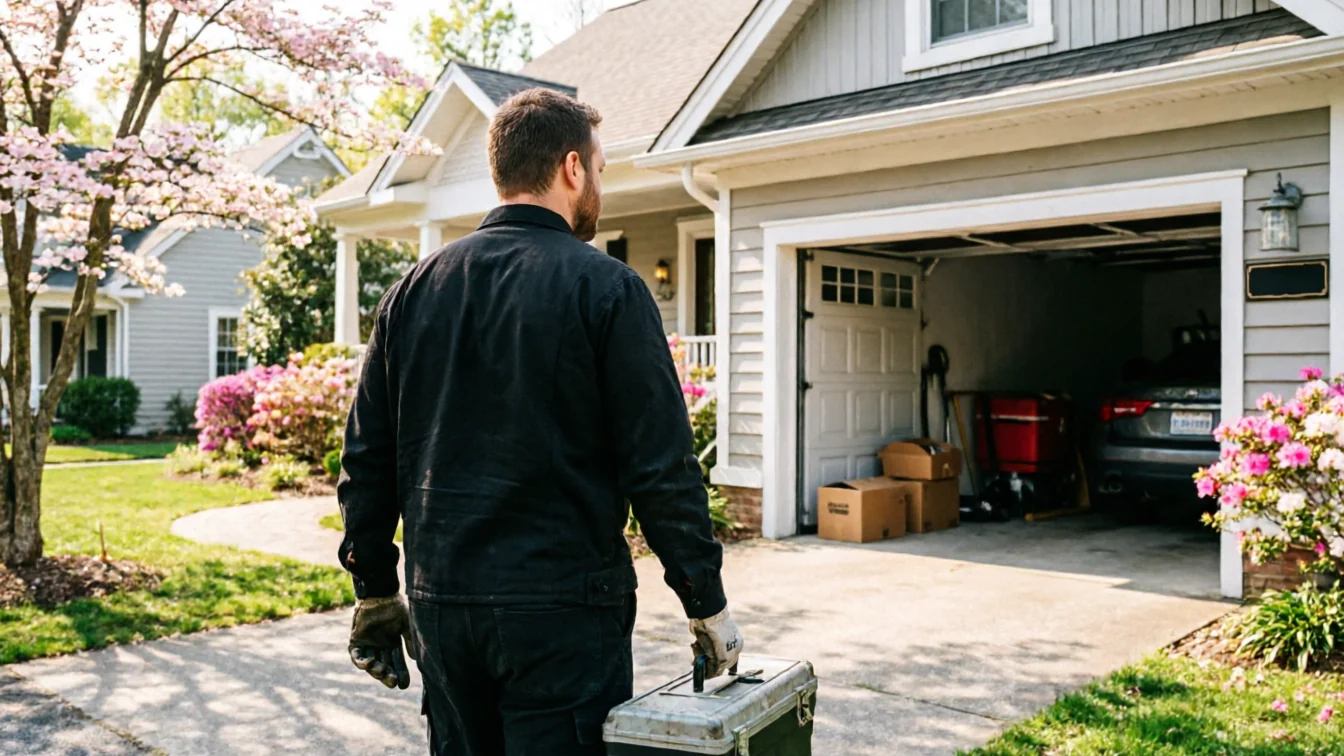 A technician carrying a toolbox walks towards a house with an open garage door.