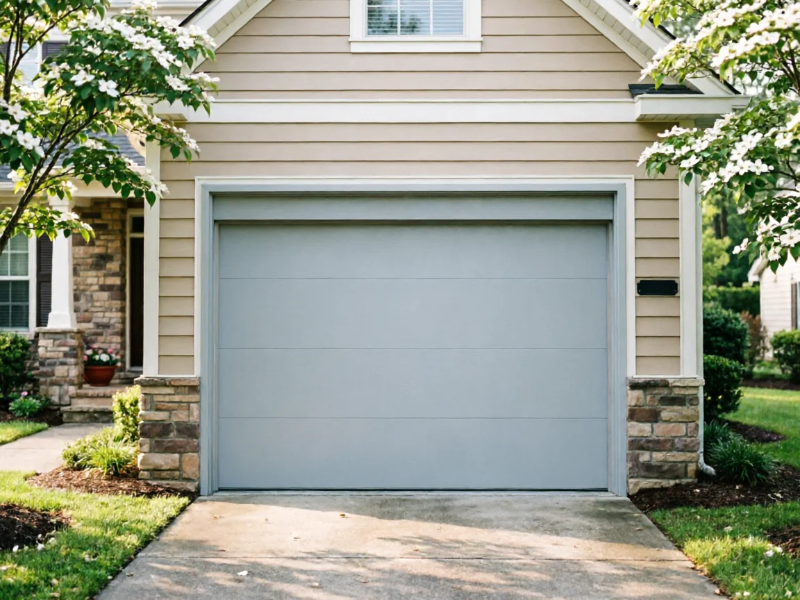 A light gray garage door is closed on a tan house with stone accents.
