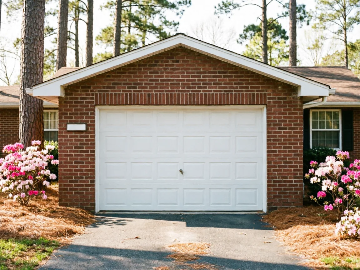 A white panel garage door is centered on a brick house with blooming bushes.